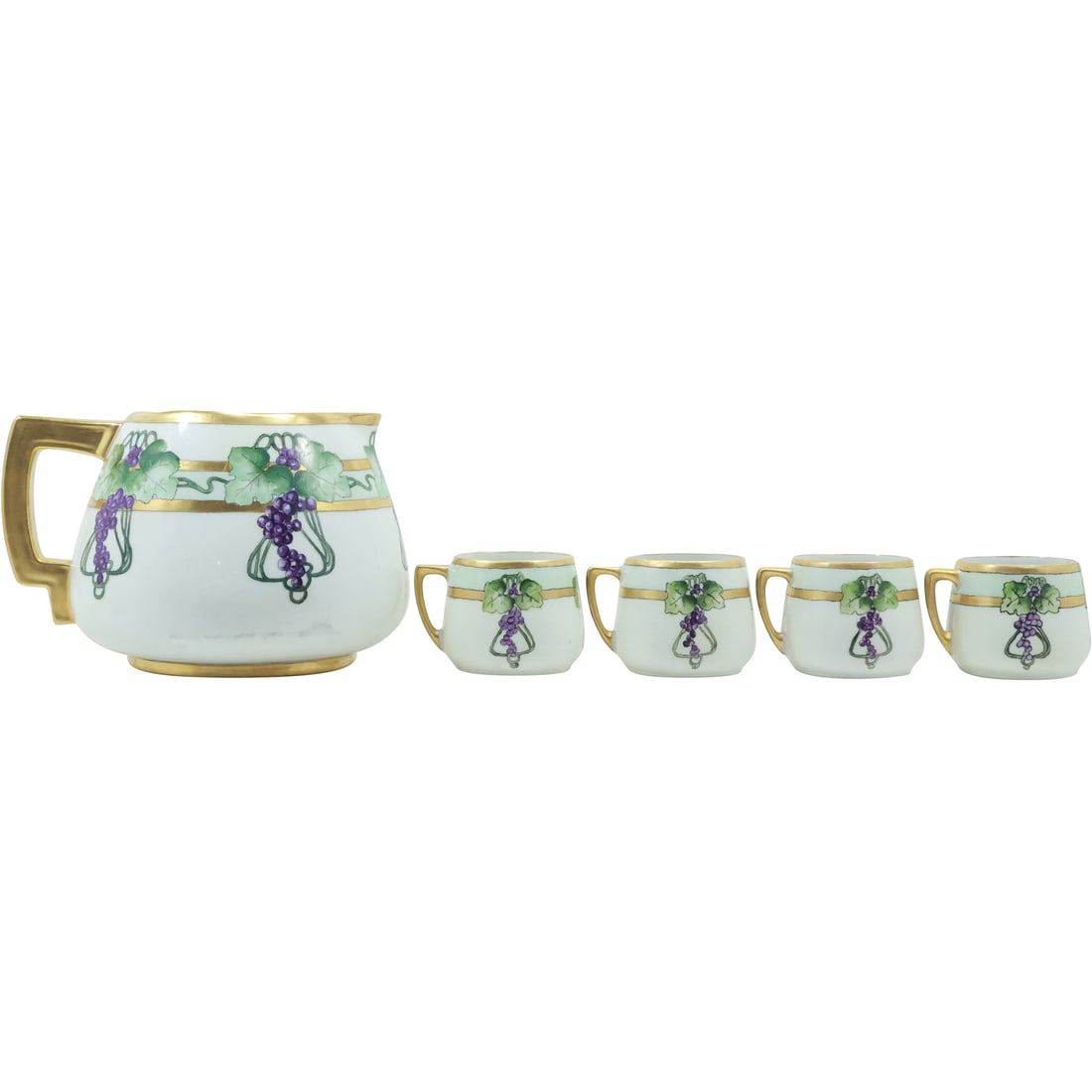 Bavaria Art Nouveau Fine Porcelain Pitcher with 4 Matching Mugs Grape and Leaves, Gold Gilt (1 of 20)