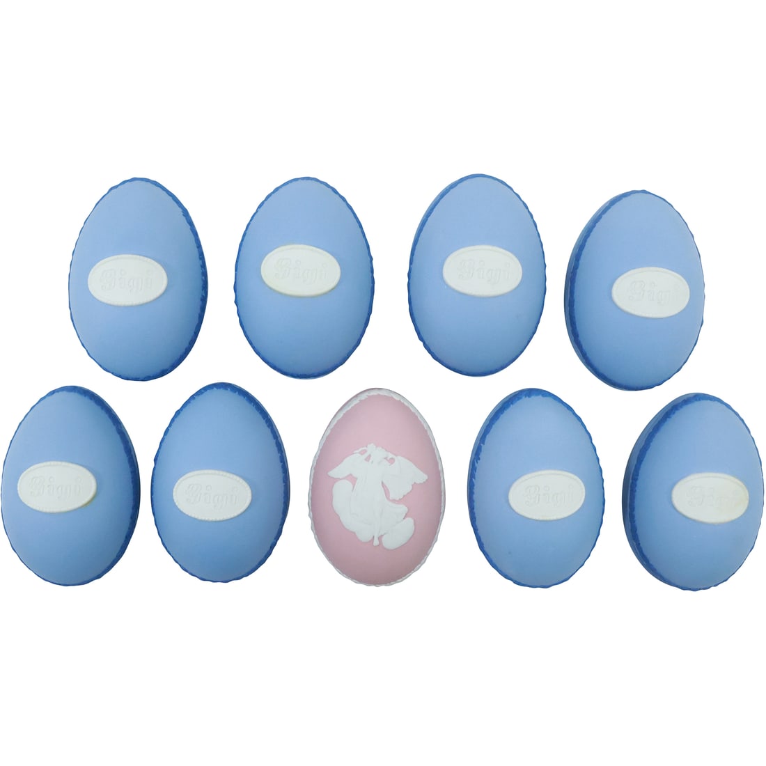 9 WEDGWOOD England Egg Shaped Trinket Boxes, 8 Blue, 1 Pink, with Boxes: 9 WEDGWOOD England Egg Shaped Trinket Boxes, 8 Blue, 1 Pink, with Boxes. size: 2x2.75 (eggs), 2.75x3.75 (8x boxes), 2.5x4 (1x box)