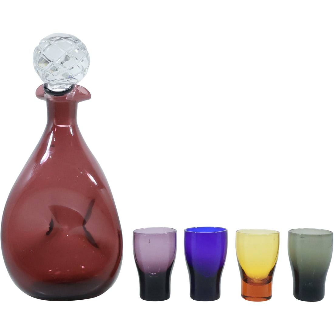 Pinched Sides Amethyst Liquor Decanter with 4 Colored Liquor Glasses: Pinched Sides Amethyst Liquor Decanter with 4 Colored Liquor Glasses size: 11.5 in. x 5.25 in.(container), 3 in. x 2 in. (4x shot glasses)