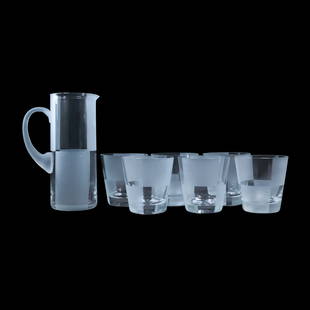 Nautica Satin and Crystal Block Lemonade Pitcher with 6 Tumblers: Nautica Satin and Crystal Block Lemonade Pitcher with 6 Tumblers. size: 9 in. x 5.5 in. (pitcher), 4.25 in. x 4 in. (6x cups)