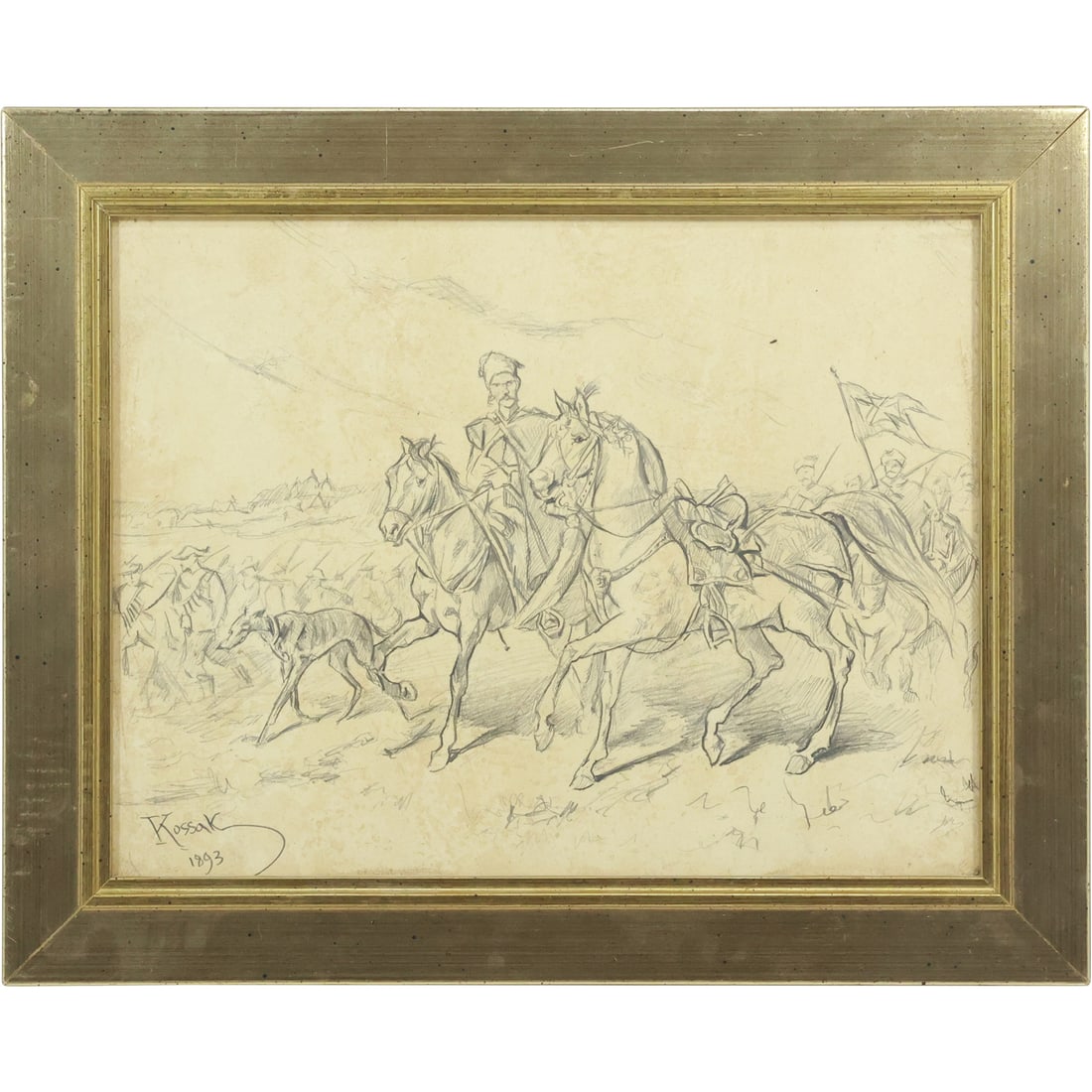 Juliusz Kossak 1893, Poland, Pencil Drawing Man on Horseback, Greyhound Dogs, Signed, Framed (1 of 17)