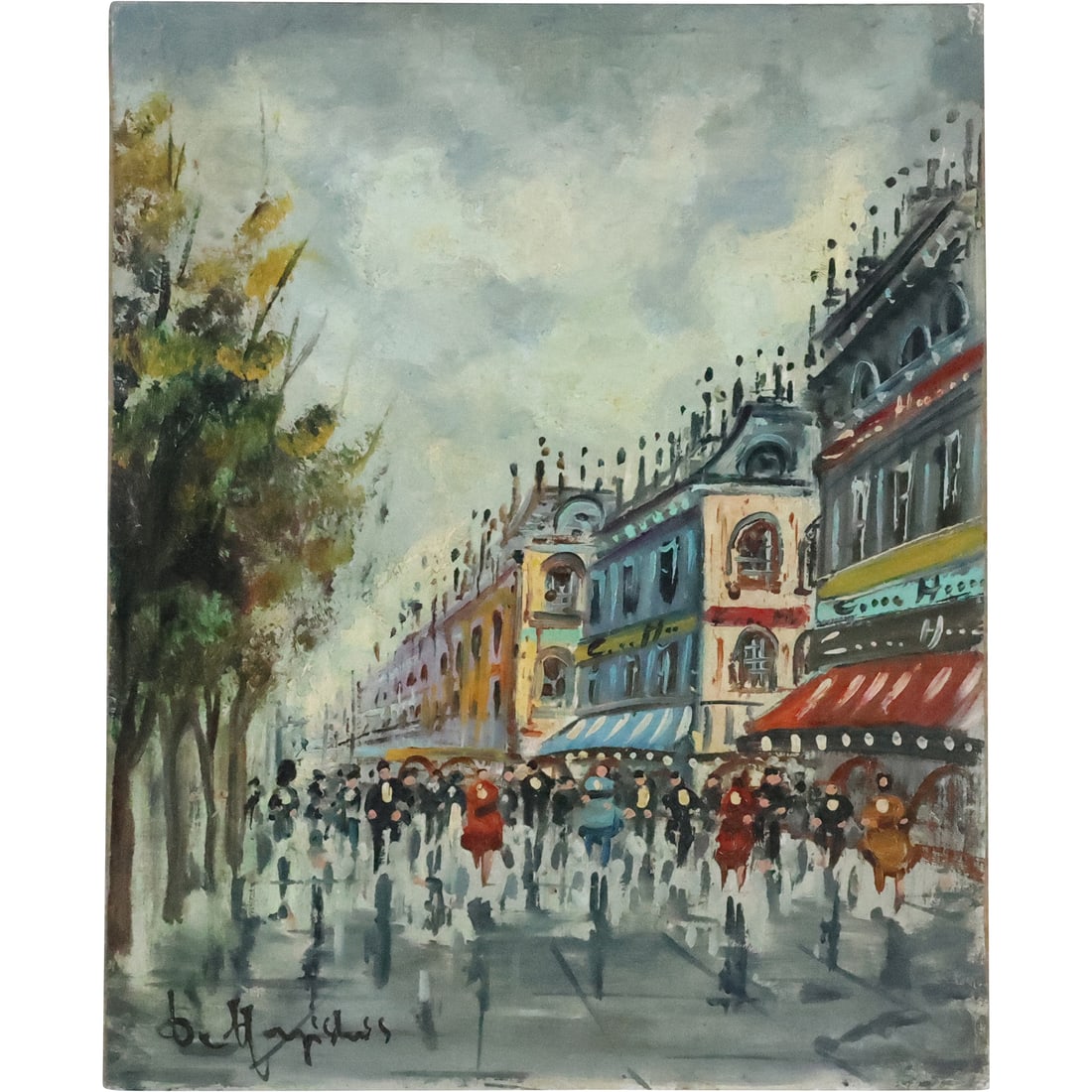 Vintage Oil Painting Artist Signed Busy Parisian Street Scene (1 of 20)