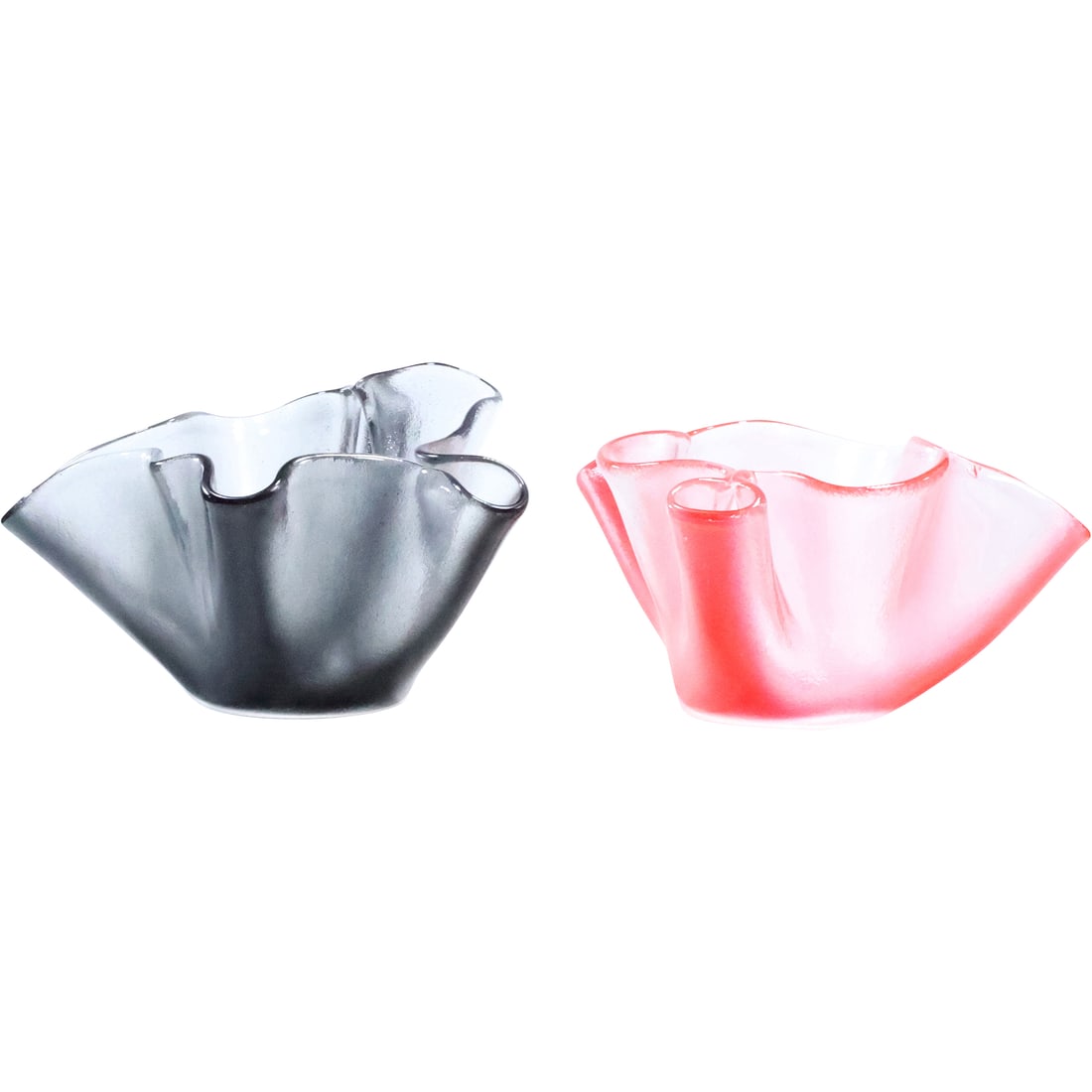 2 KOSTA BODA Glass Handkerchief Bowls - Grey Smoked Glass & Red Glass: 2 KOSTA BODA Glass Handkerchief Bowls - Grey Smoked Glass & Red Glass. size: 5.75 in. x 9 in. x 8.5 in.