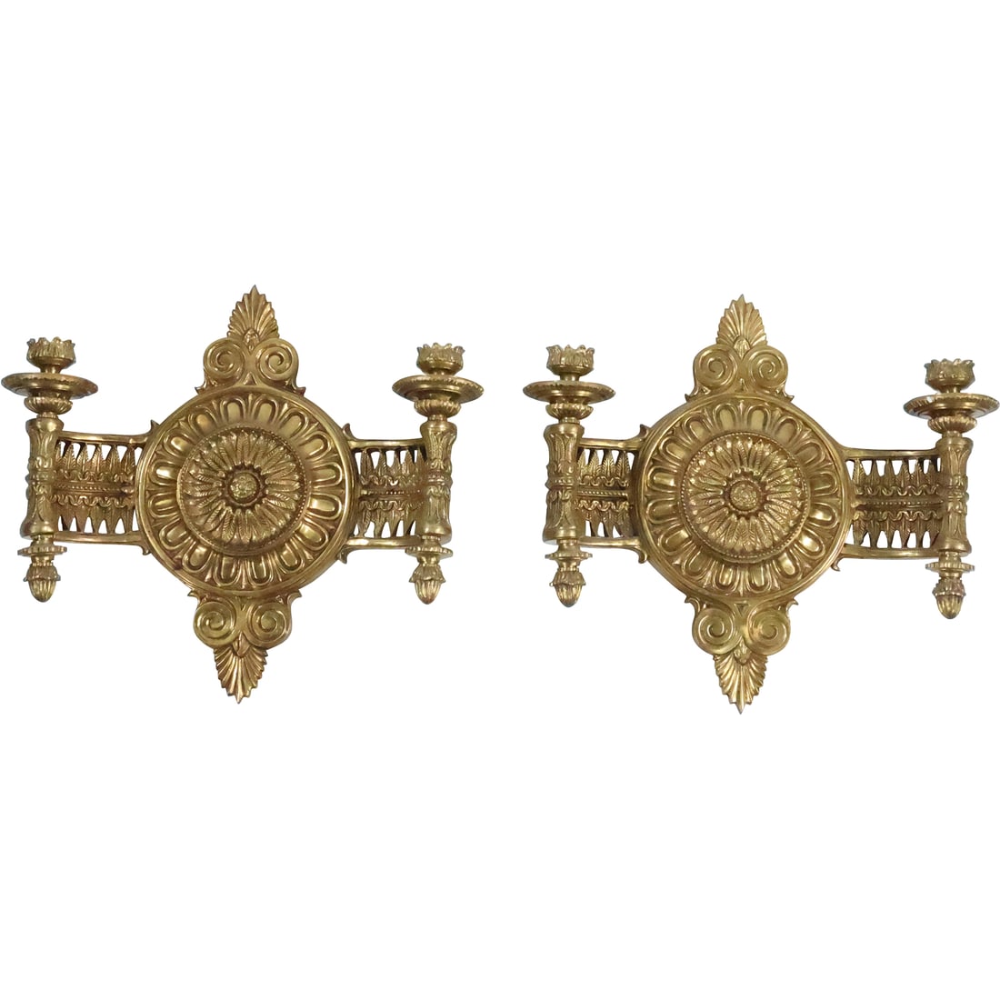 Pair French Cast Metal Double Light Electric Wall Sconces in Gold Patina (1 of 20)