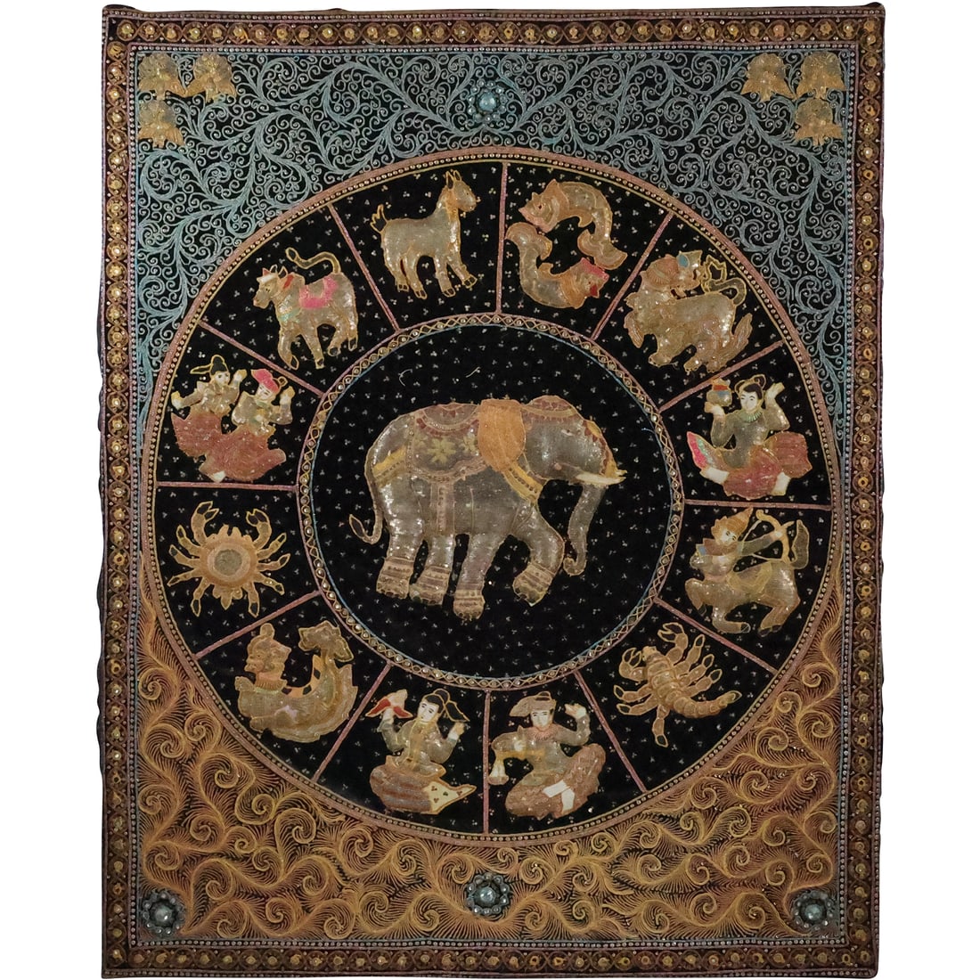 Large Tibetan Embroidery Panel Elephant in Zodiac Circle 53 inches x 42 inches (1 of 20)