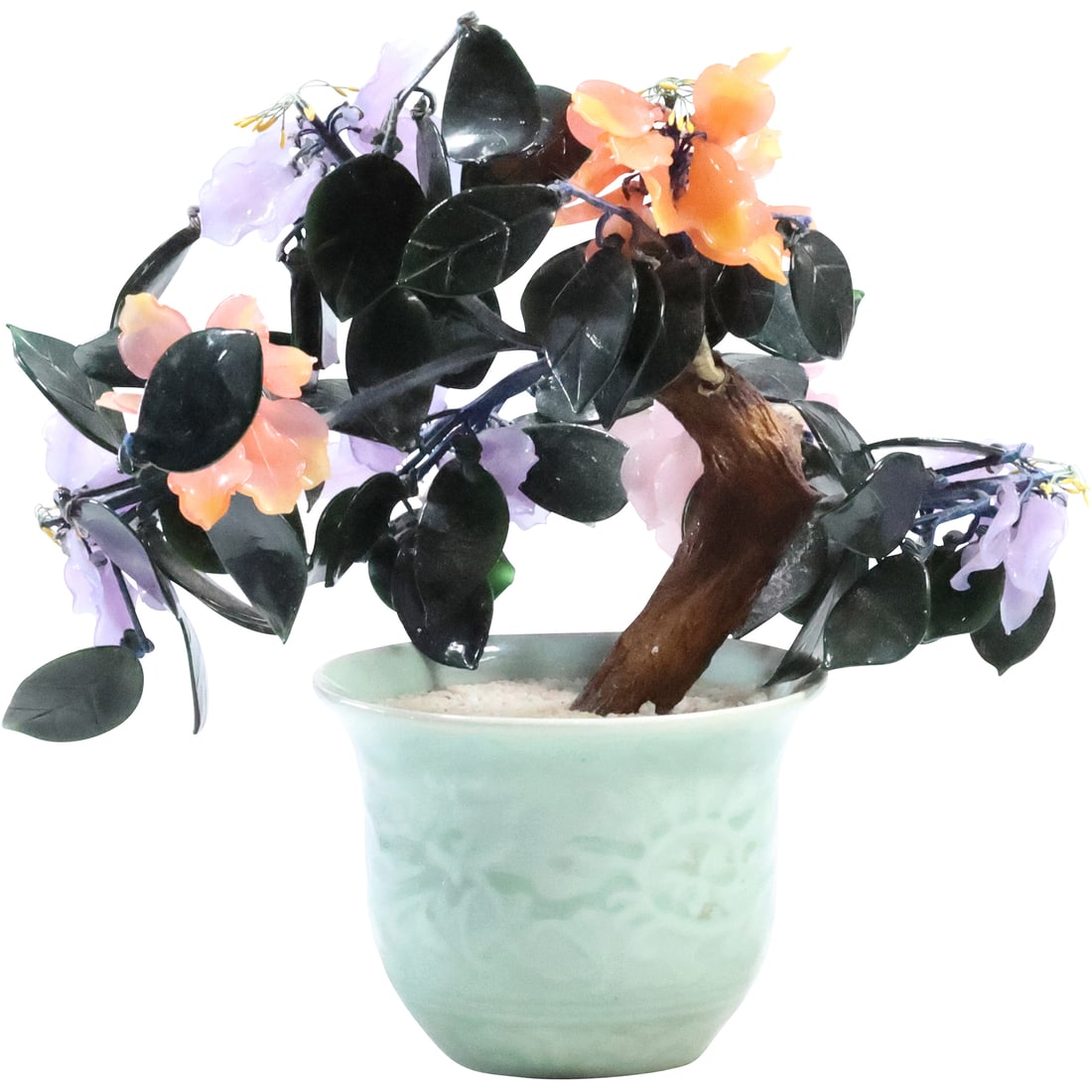 Colored Jade Bonsai Tree mounted in a Green Celadon Pot 12 inches height: Colored Jade Bonsai Tree mounted in a Green Celadon Pot 12 inches height. size: 12 in. x 11.5 in. x 9 in.