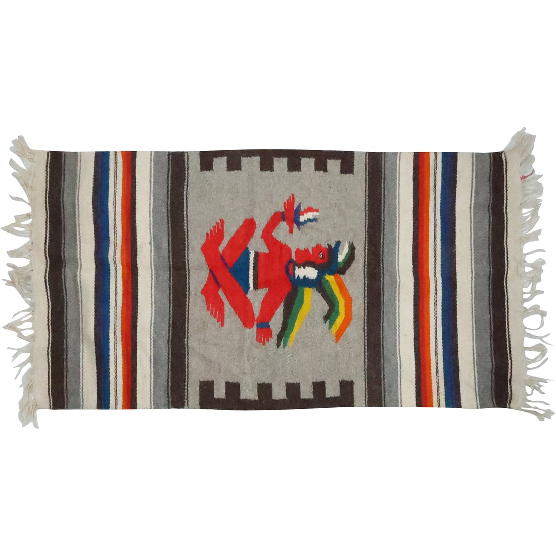 Native American Woven Loom Wool Blanket / Rug with Figure in Center 23 in. x 50 in. (1 of 20)
