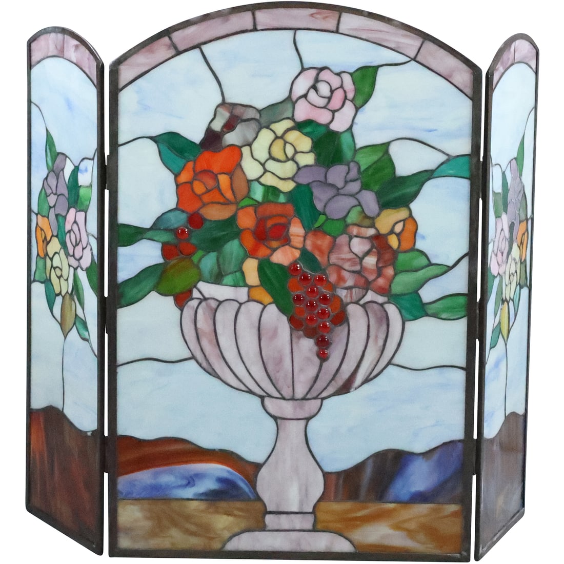 Wonderful 20th C. Leaded and Stain Glass 3-Fold Fireplace Screen Urn of Flowers (1 of 20)
