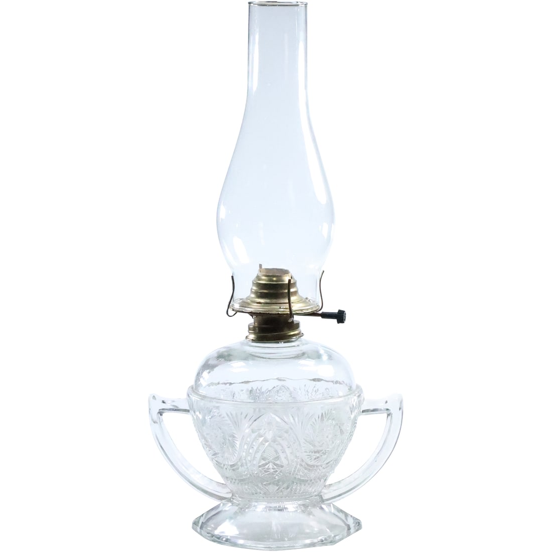 Unusual Antique Pressed Glass Double Handled Oil Lamp Base with Chimney 18 in. overall height (1 of 20)