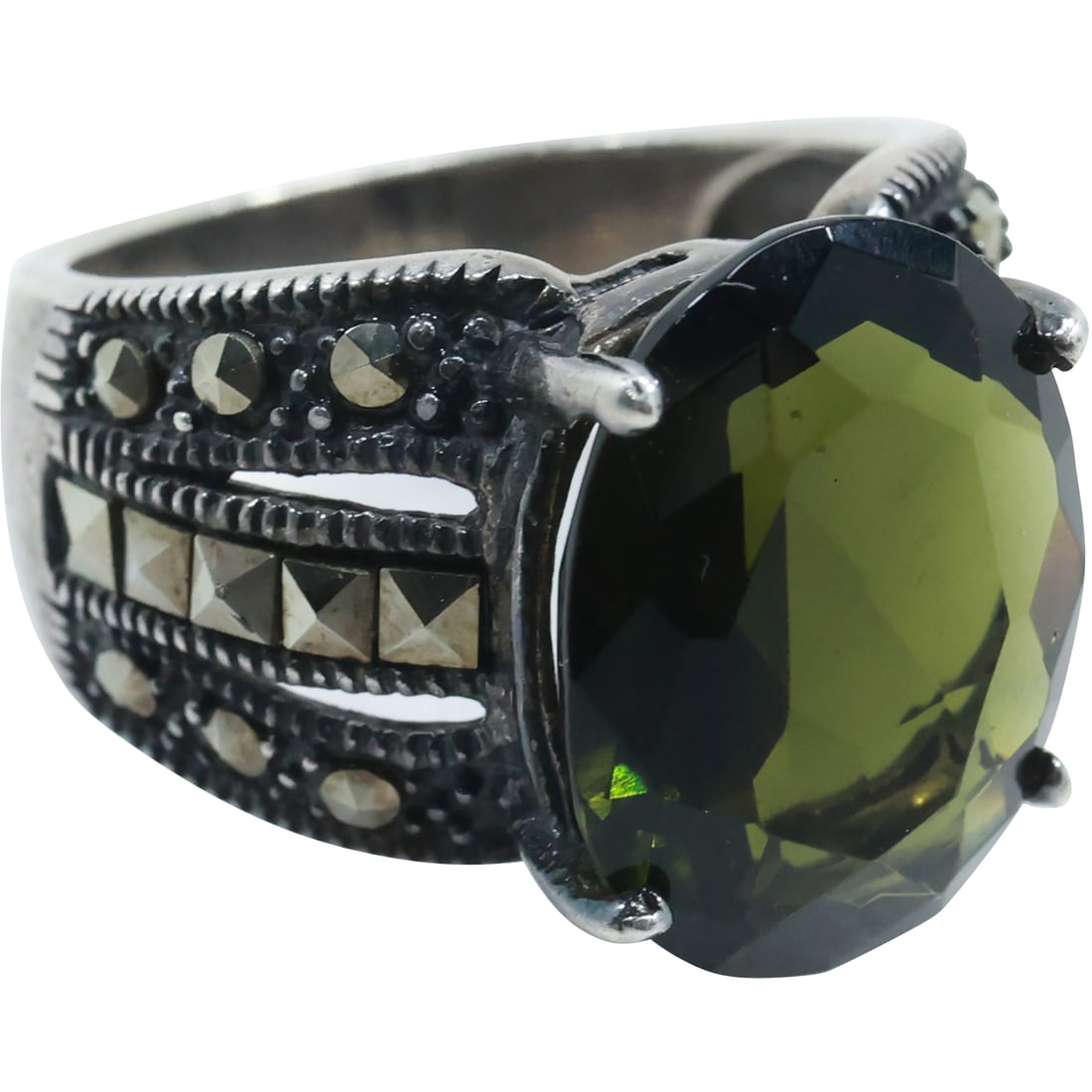 .925 Sterling Silver with Green Faceted Stone Ring Size 8 , 7/8 in. x 5/8 in. (1 of 20)