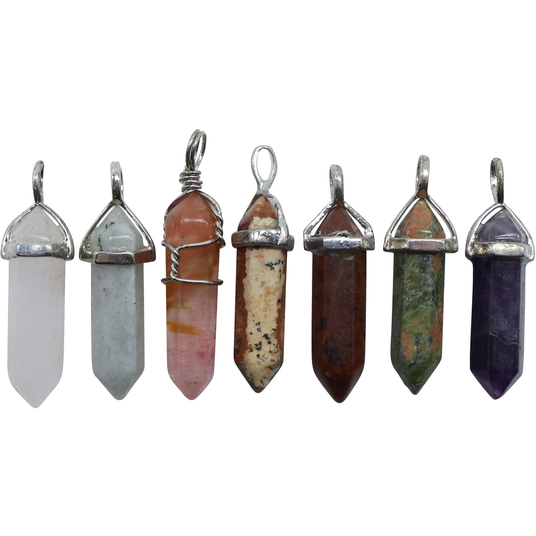 7 Assorted Stone Quartz Pendants : Rose Quartz, Amethyst, Agate , 1 1/2 in. x 1/2 in. (1 of 19)