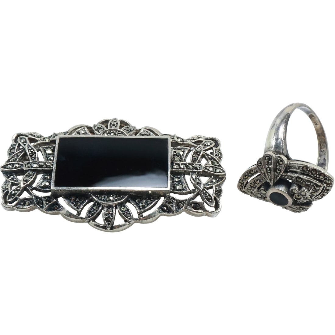 Sterling Silver with Black Onyx Center Stone and Marcasites Pin / .925 Sterling Black Onyx Marcasite (1 of 20)