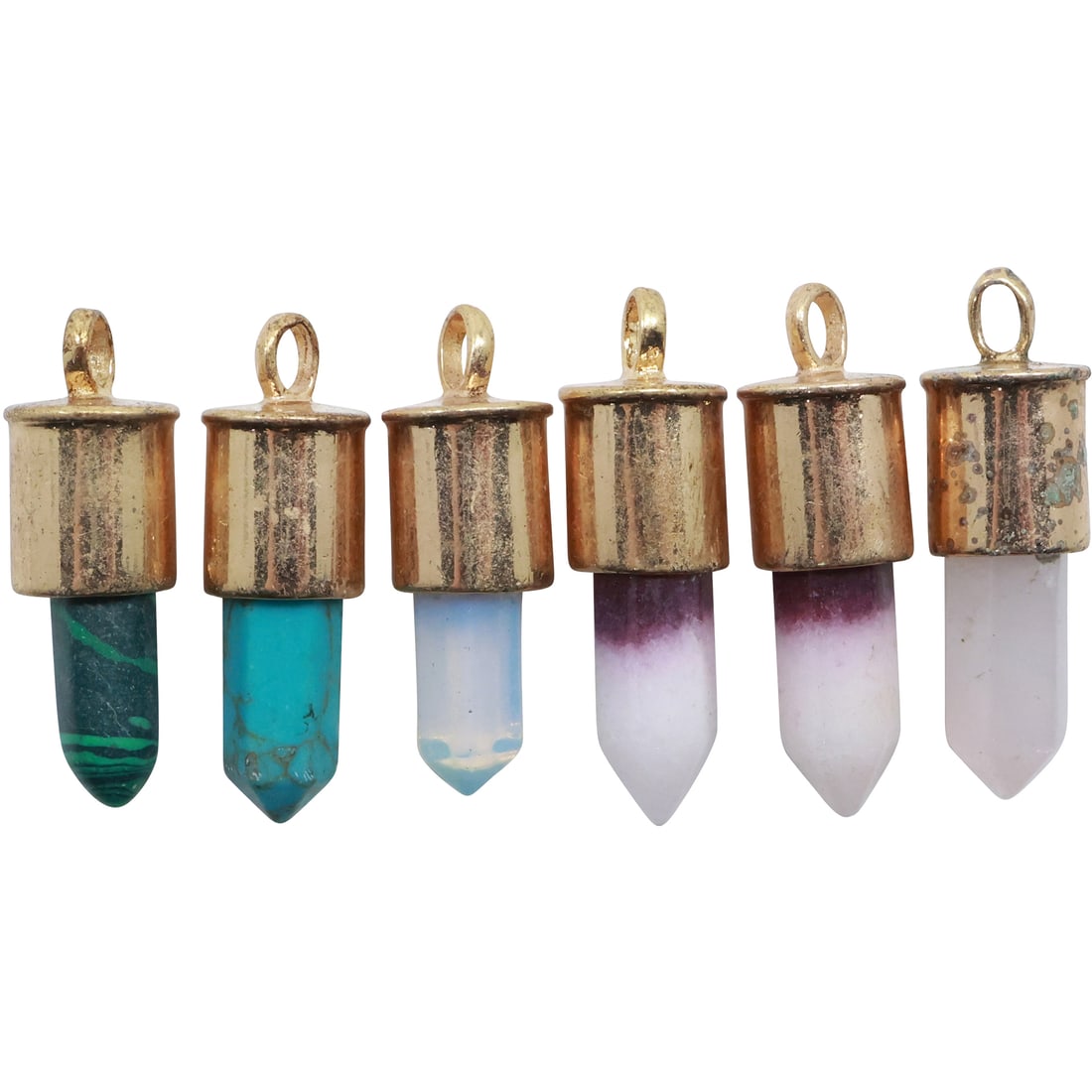 6 Assorted Stone Quartz Pendants with Gold Tone Setting: Malachite, Turquoise, Rose Quartz, (1 of 16)
