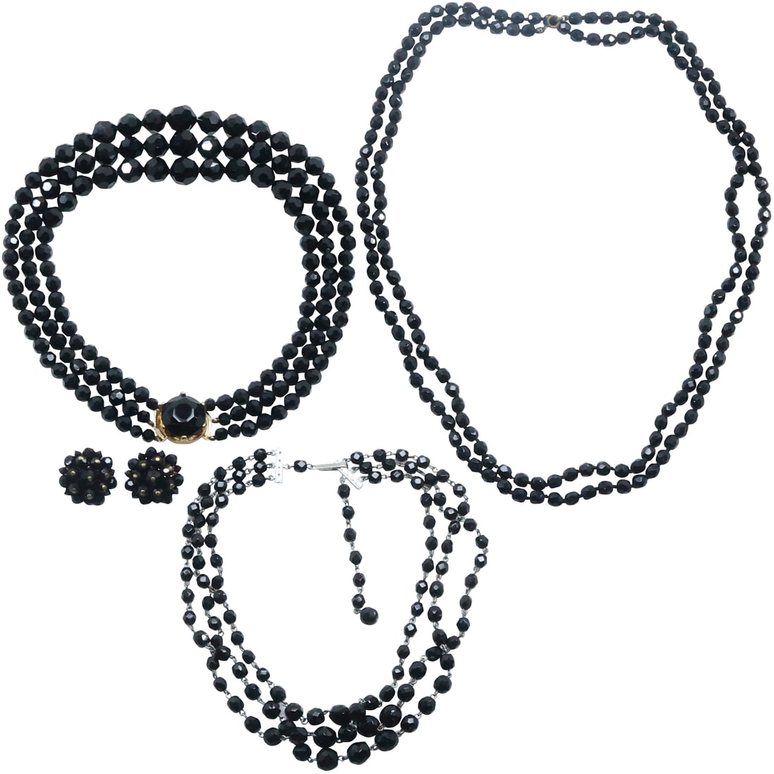 Jet Black 3-Strand Necklace; Glass Jet Black 3-Strand Necklace; Glass Single Strand Jet Black Beads (1 of 20)