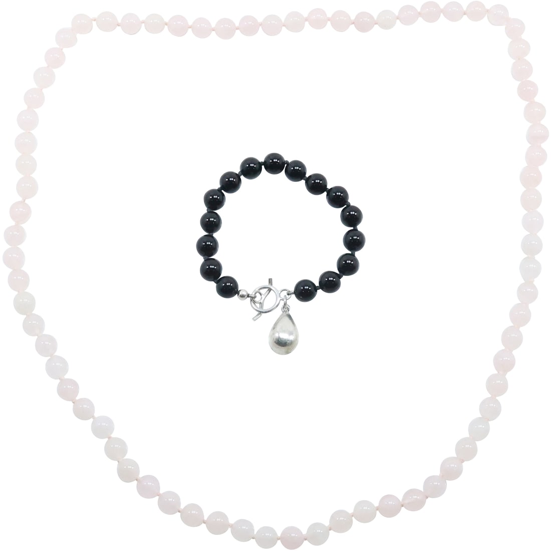 Rose Quartz Bead Necklace  32 in. x 1/2 in. /  Black Onyx Bead Bracelet .925 Clasp and Charm (1 of 17)