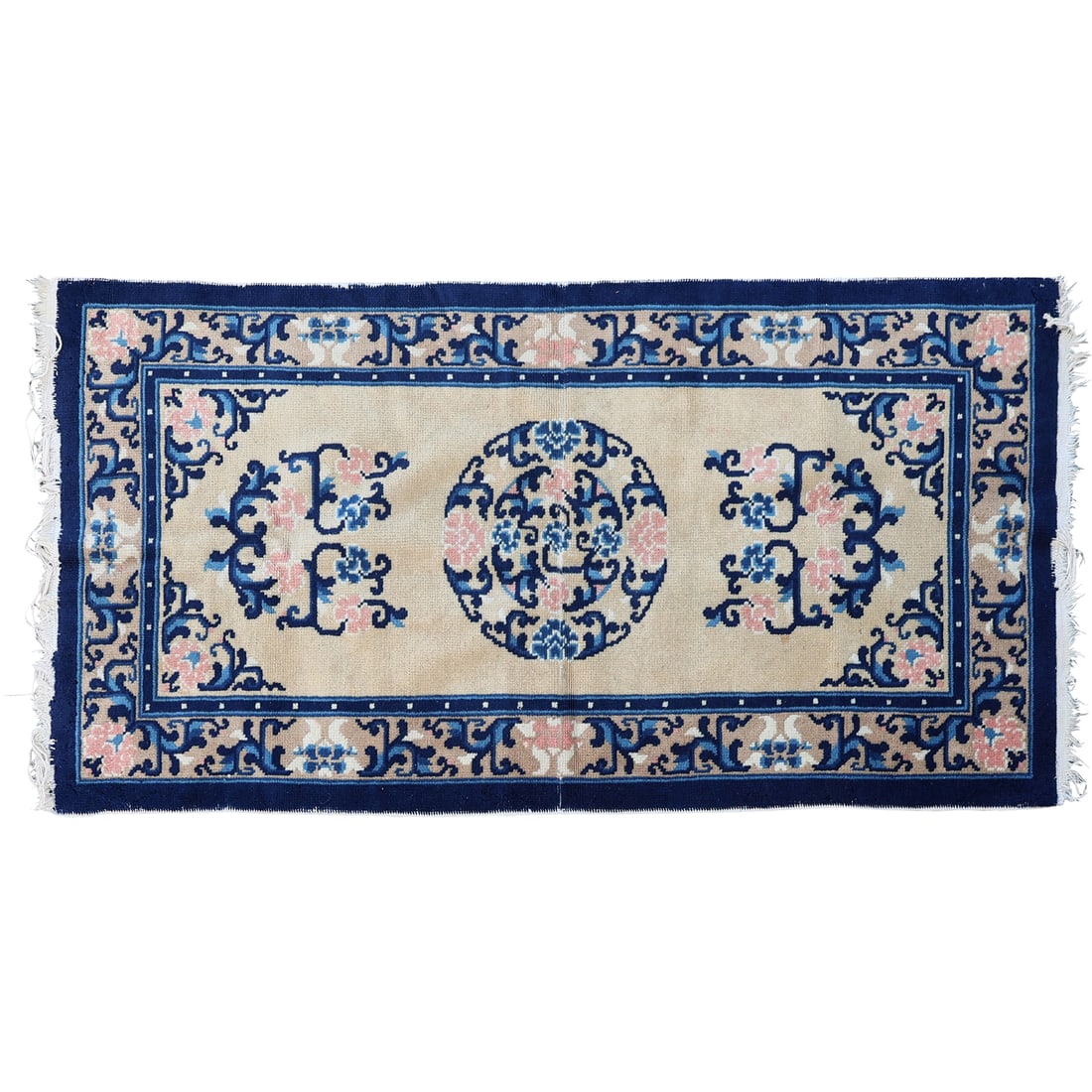 Vintage Blue and White Peking Chinese Scatter Rug Handmade Wool 27.5 in. x 53 in. (1 of 20)