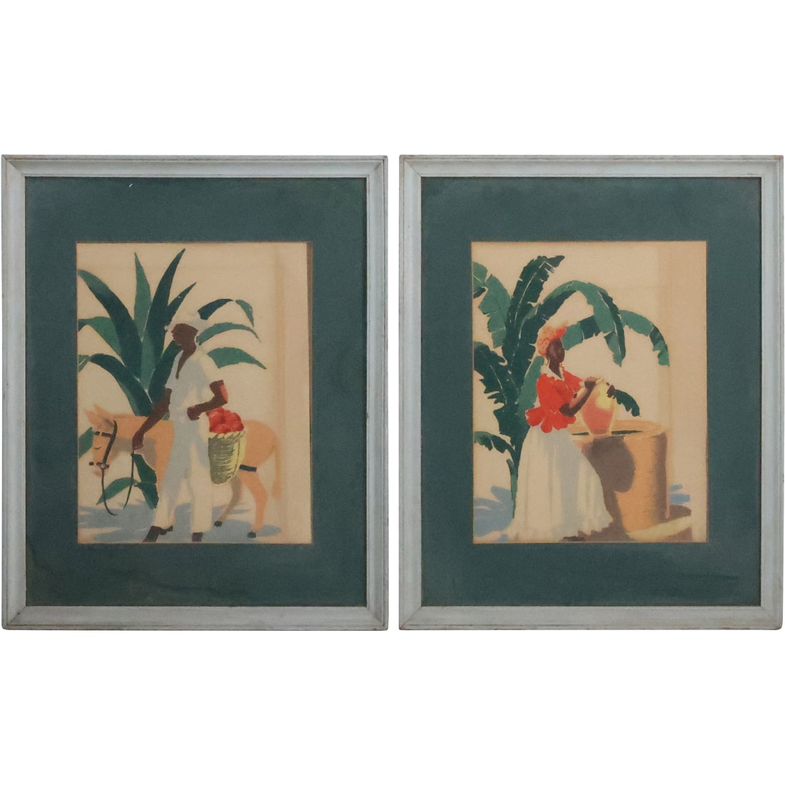 [2] R V Mandeville, Jamaican Artist, Tropical Life Silk Screen Pictures Man & Woman: [2] R V Mandeville, Jamaican Artist, Tropical Life Silk Screen Pictures Man & Woman. size: 14 x 10.75 matte, 21.75 x 17.5 outside frame