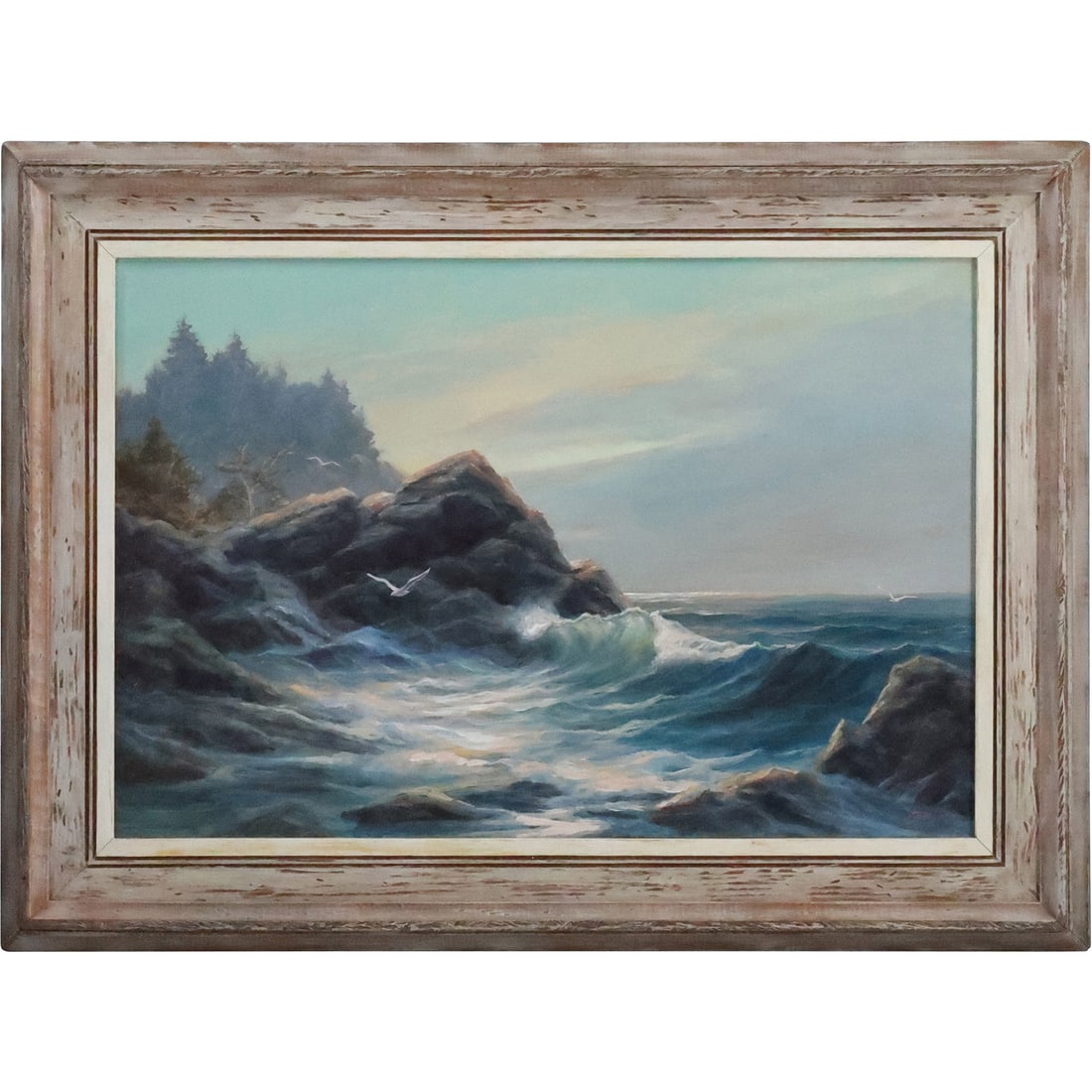 Charles A Carter, Oil on Board Painting "Evening Cove" New England Seascape, Signed, Label: Charles A Carter, Oil on Board Painting "Evening Cove" New England Seascape, Signed, Label on verso, framed. size: 16.25 x 24.25, 22.25 x 30 outside frame