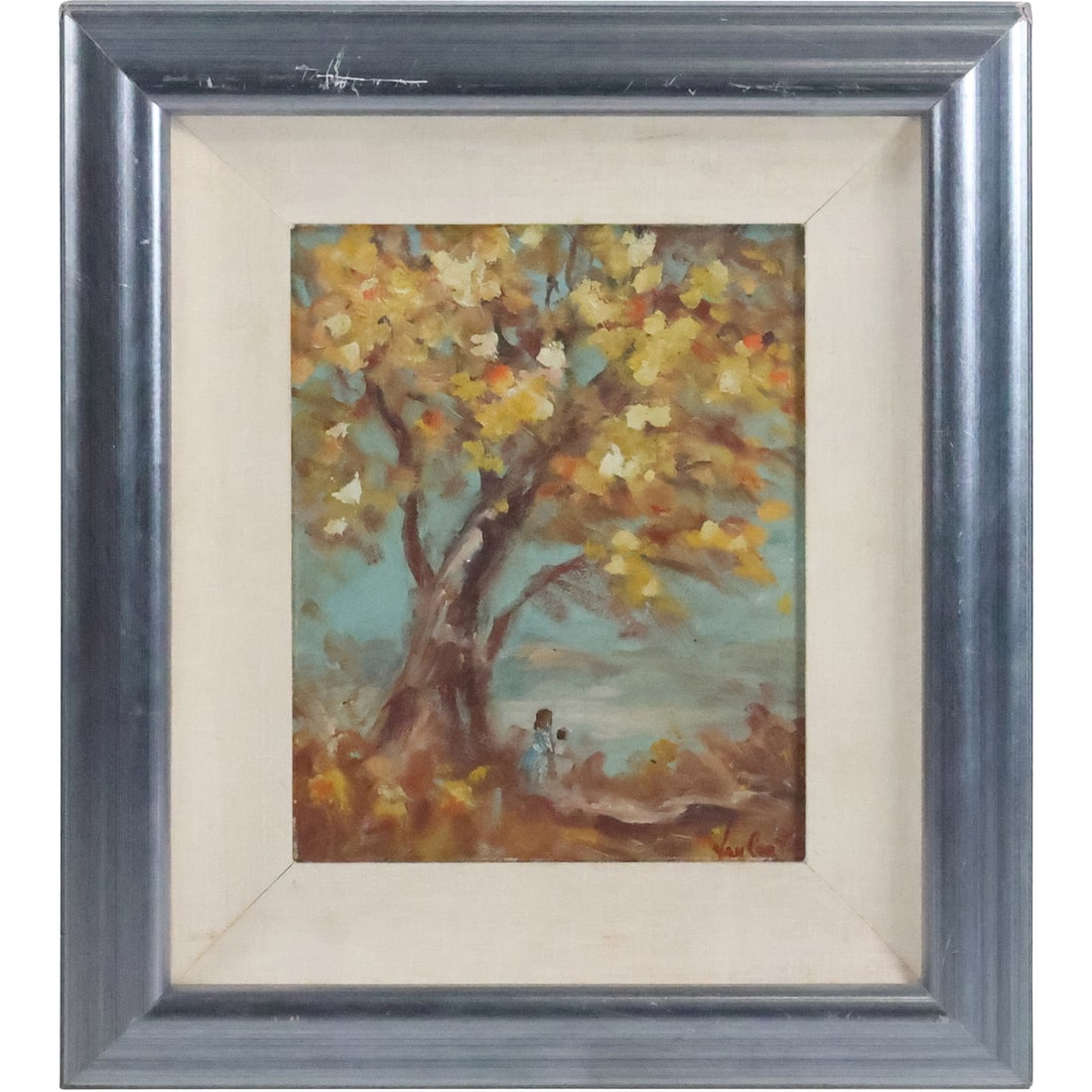 Signed Van Cort, Impressionist Oil Painting Coastal Tree with Figures, Framed (1 of 20)