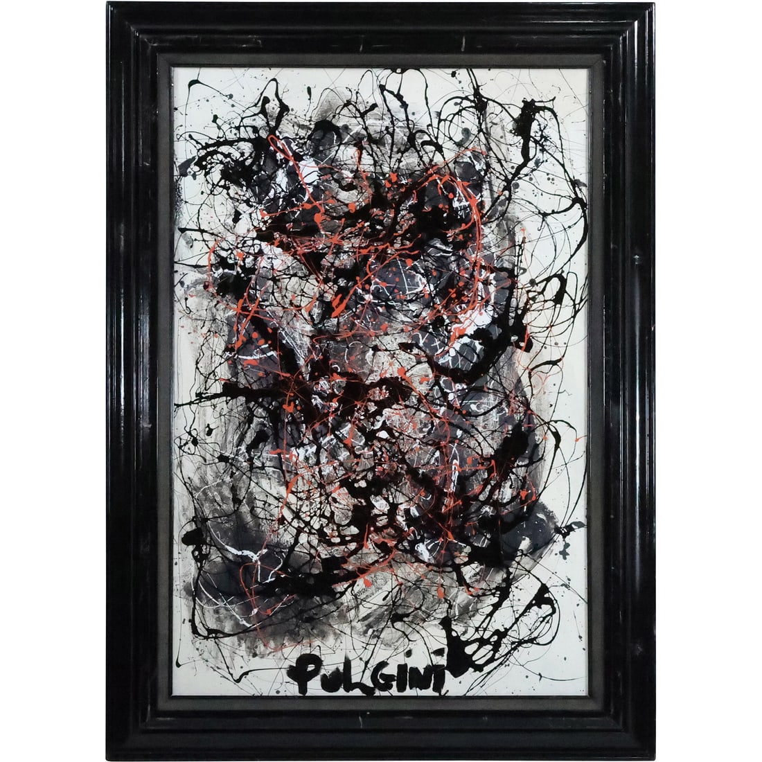 Thomas Pulgini, American, Oil on Board Painting ABSTRACT DRIP ART After Jackson Pollock: Thomas Pulgini, American, Oil on Board Painting ABSTRACT DRIP ART After Jackson Pollock. Signed, Framed. Well Listed American Artist. size: 36 x 24, 43 x 31 outside frame. ASKart: Thomas Pulgini, Born