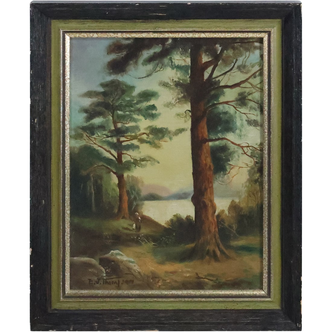 Signed E J Thompson, 19th C. Oil on Canvas Landscape River Shore Woodland Opening (1 of 20)