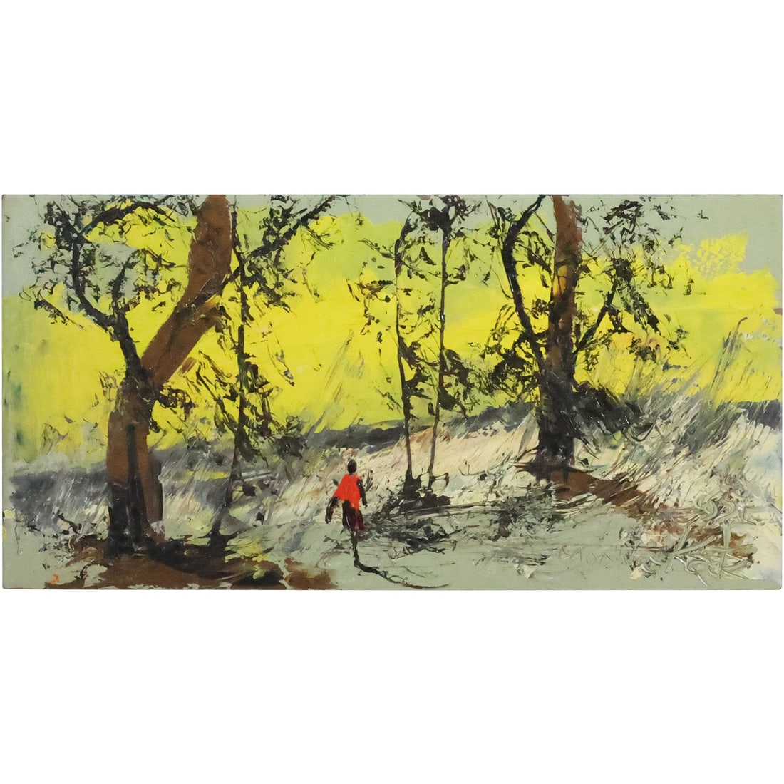 Morris Katz 1975, Jewish American, Acrylic Painting Figure in Woodland Landscape: Morris Katz 1975, Jewish American, Acrylic Painting Figure in Woodland Landscape. Well Listed Artist. size: 12 x 24.. ASKart: Morris Katz (born Moshe Katz on March 5, 1932 in Galicia, Poland, died Nov