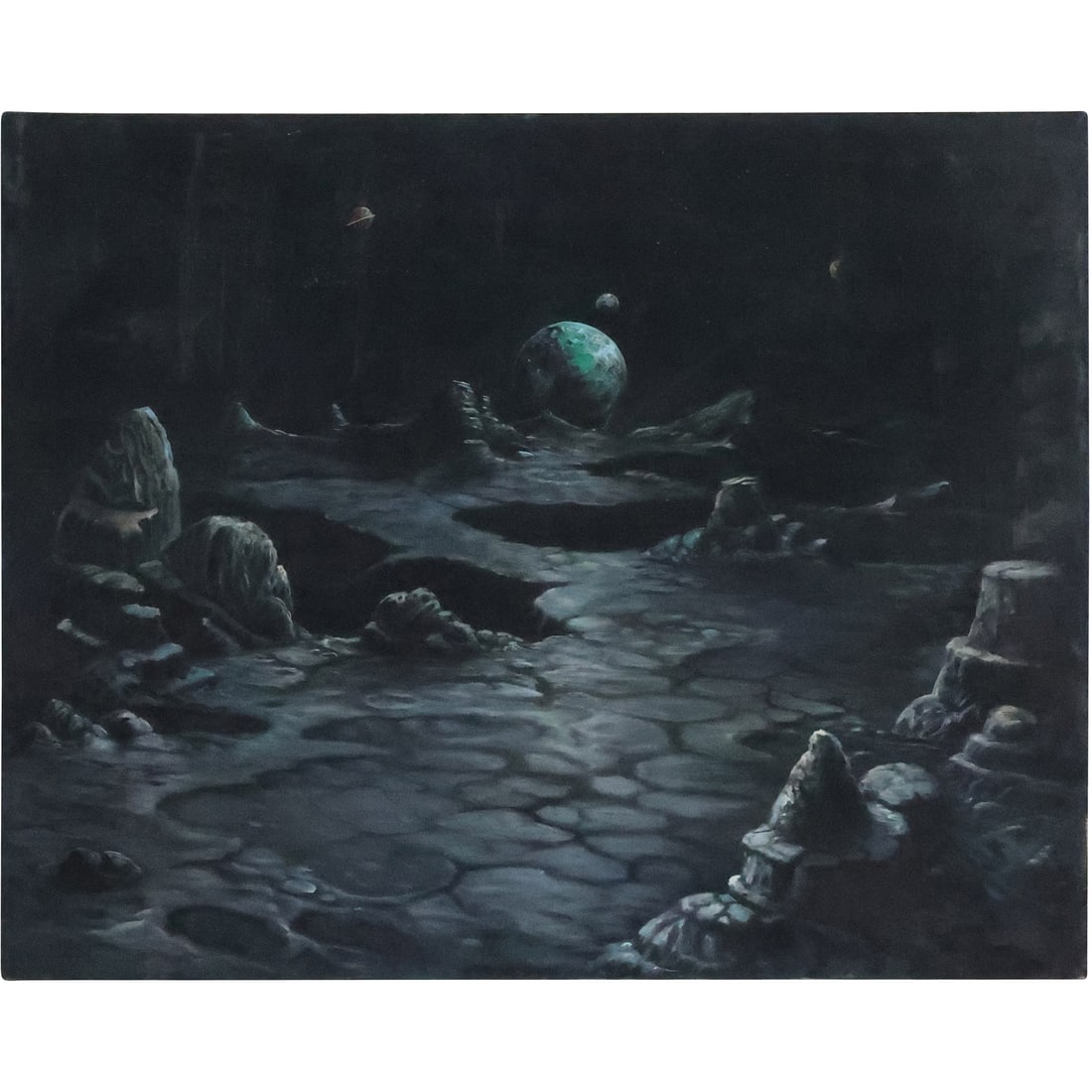 20th C. Sci-Fi Vintage Oil Painting on Canvas Moon Surface with Craters, Mars and Saturn (1 of 20)
