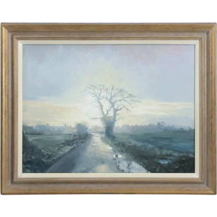 Paul Brown, United Kingdom, Oil on Canvas Painting Misty Landscape with Center Roadway: Paul Brown, United Kingdom, Oil on Canvas Painting Misty Landscape with Center Roadway. size: 18 x 24, 23 x 29 outside frame. ASKarrt: Paul Brown (20th/21st Century) is active/lives in United Kingdom.