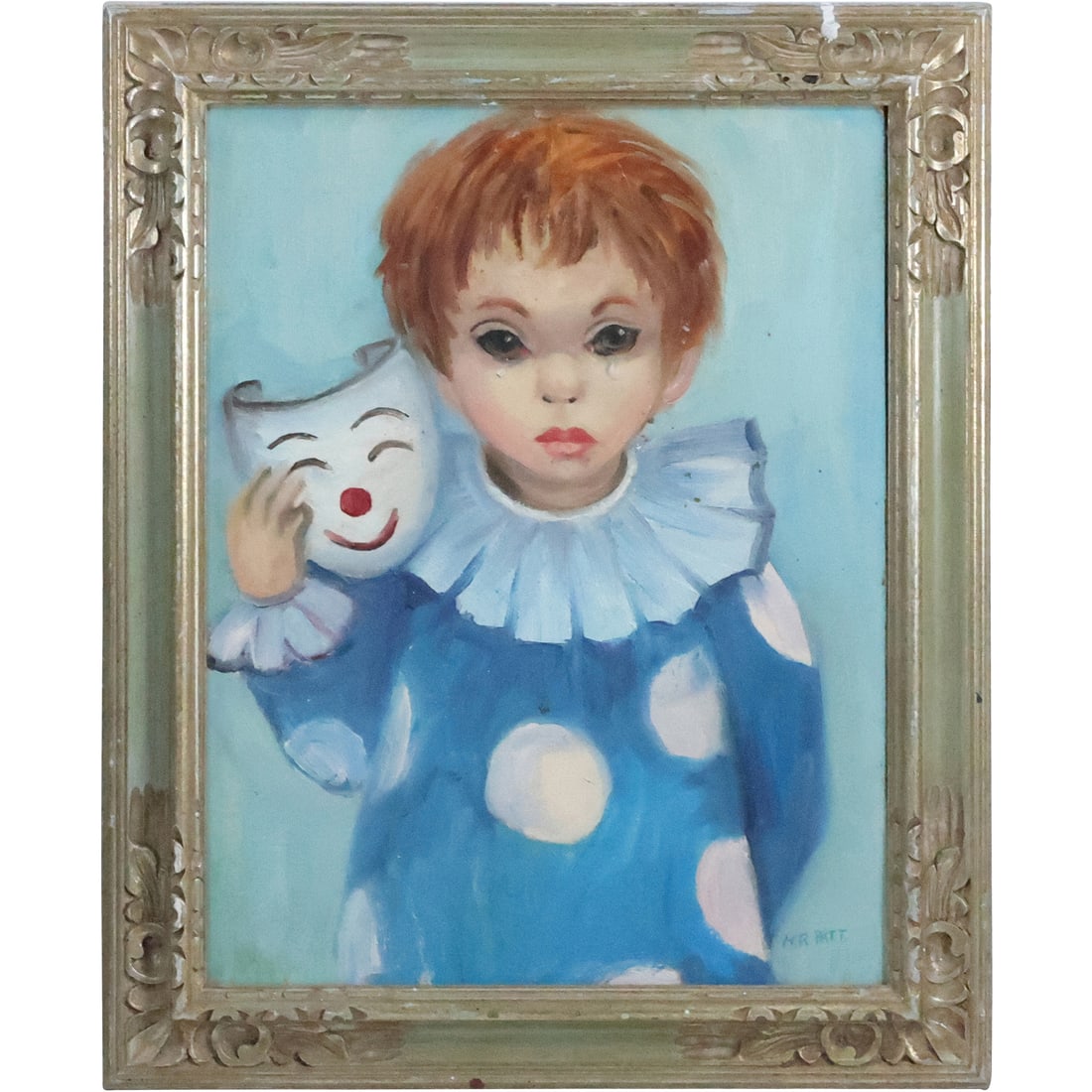 Signed M R PAT, Oil on Board Painting Child Clown, Framed (1 of 20)