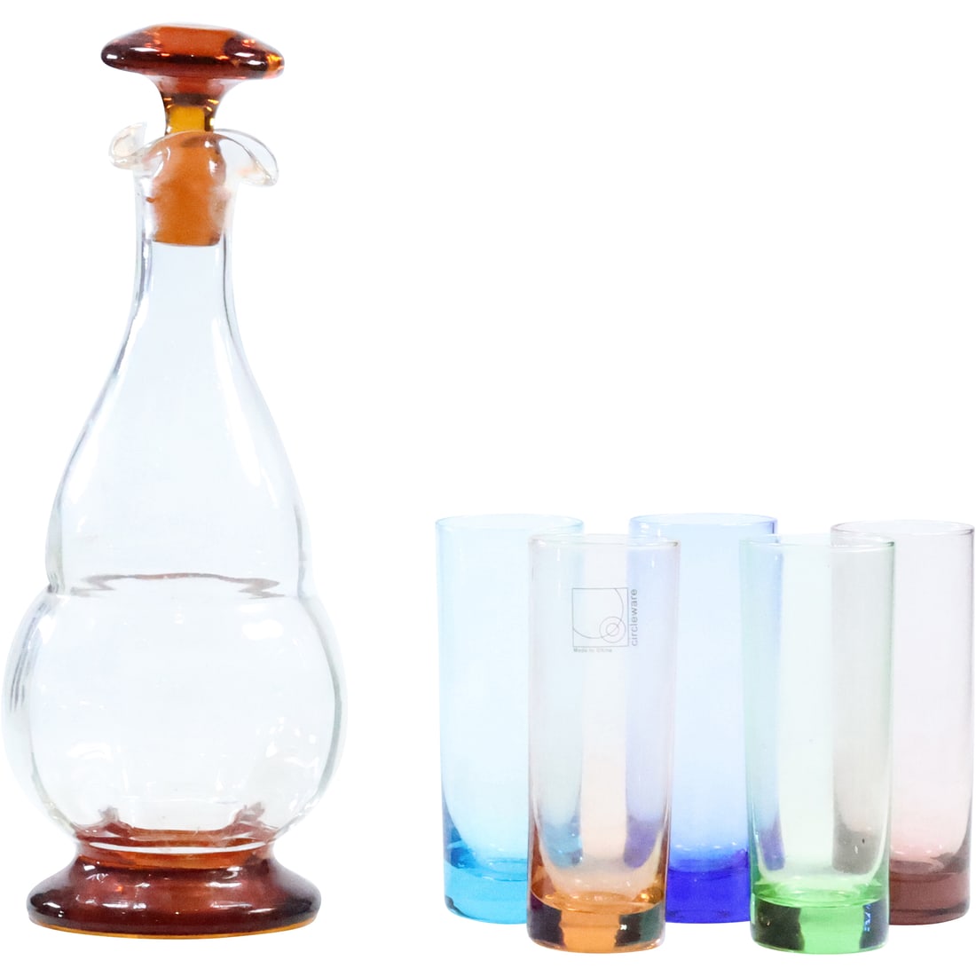 Color Glass Liquor Decanter and 5 Colored Glass Cocktail Glasses Barware: Color Glass Liquor Decanter and 5 Colored Glass Cocktail Glasses Barware. size: decanter (9.25 x 3.5), 5x shots (4.25 x 1.75)