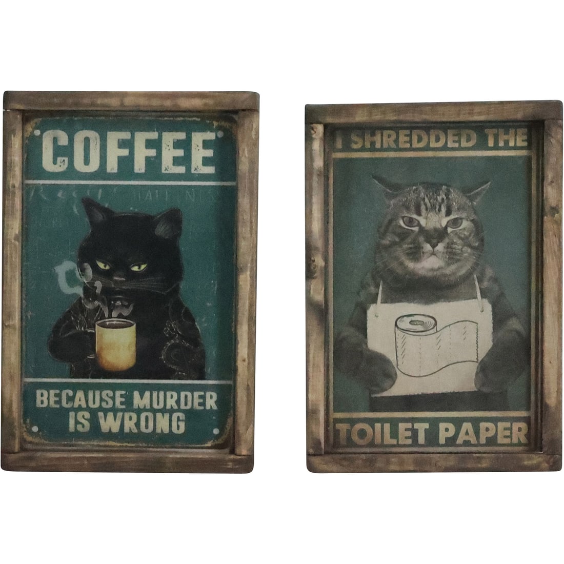 2 Novelty Prints on Wood Panels Signs CATS "Coffee" and "Toilet Paper" 13.25 in. x 9.5 in. (1 of 20)