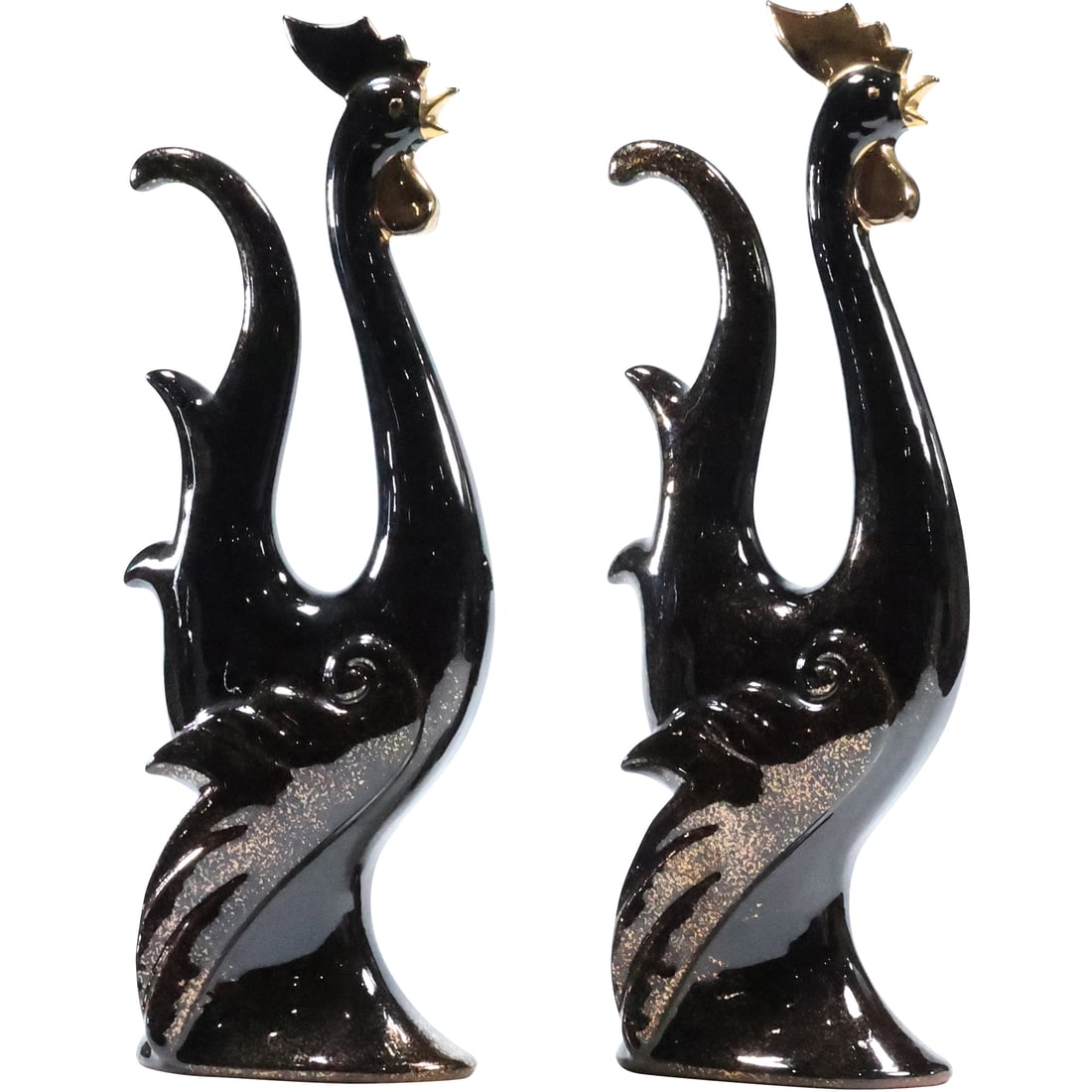 Pair Tall 1950's Black Ceramic Stylish Rooster Figure Statues 13.5 inches height (1 of 20)