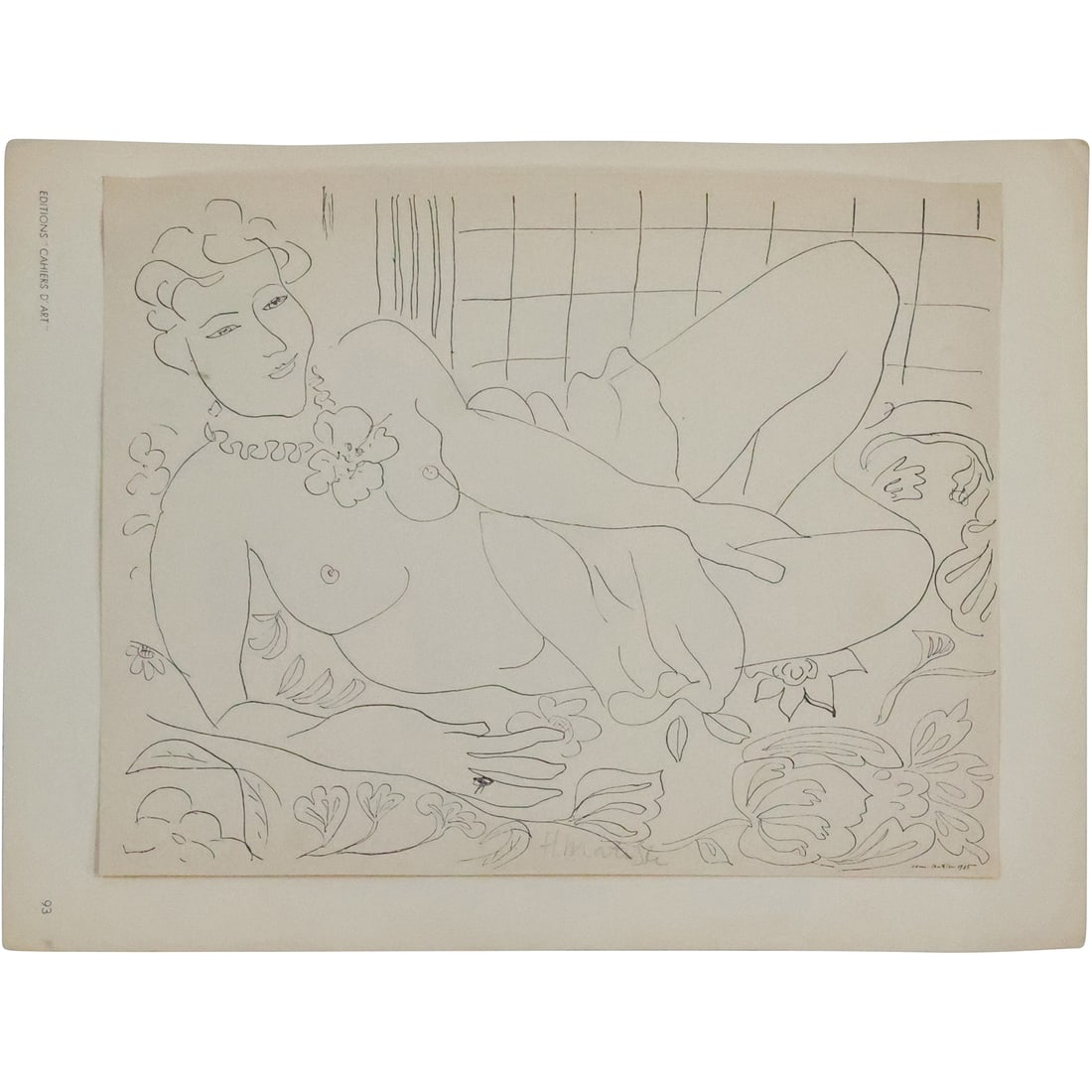 Pencil Signed H Matisse Lithograph 1935 attached to Book Page 9.75 in. x 12.5 in.: size: 9.75 x 12.5