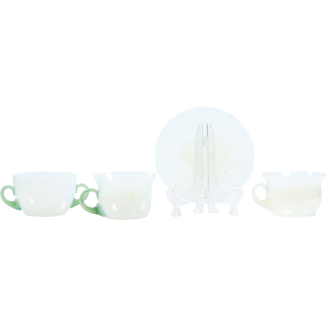 20 Pieces FRY GLASS Cups and Saucers in Opalescent Glass: 20 Pieces FRY GLASS Cups and Saucers in Opalescent Glass. size: 5x green handle (2.25 x 4 x 3.5), 6x clear handle (2.25 x 4 x 3.5), 9x plates (.5 x 5.5)