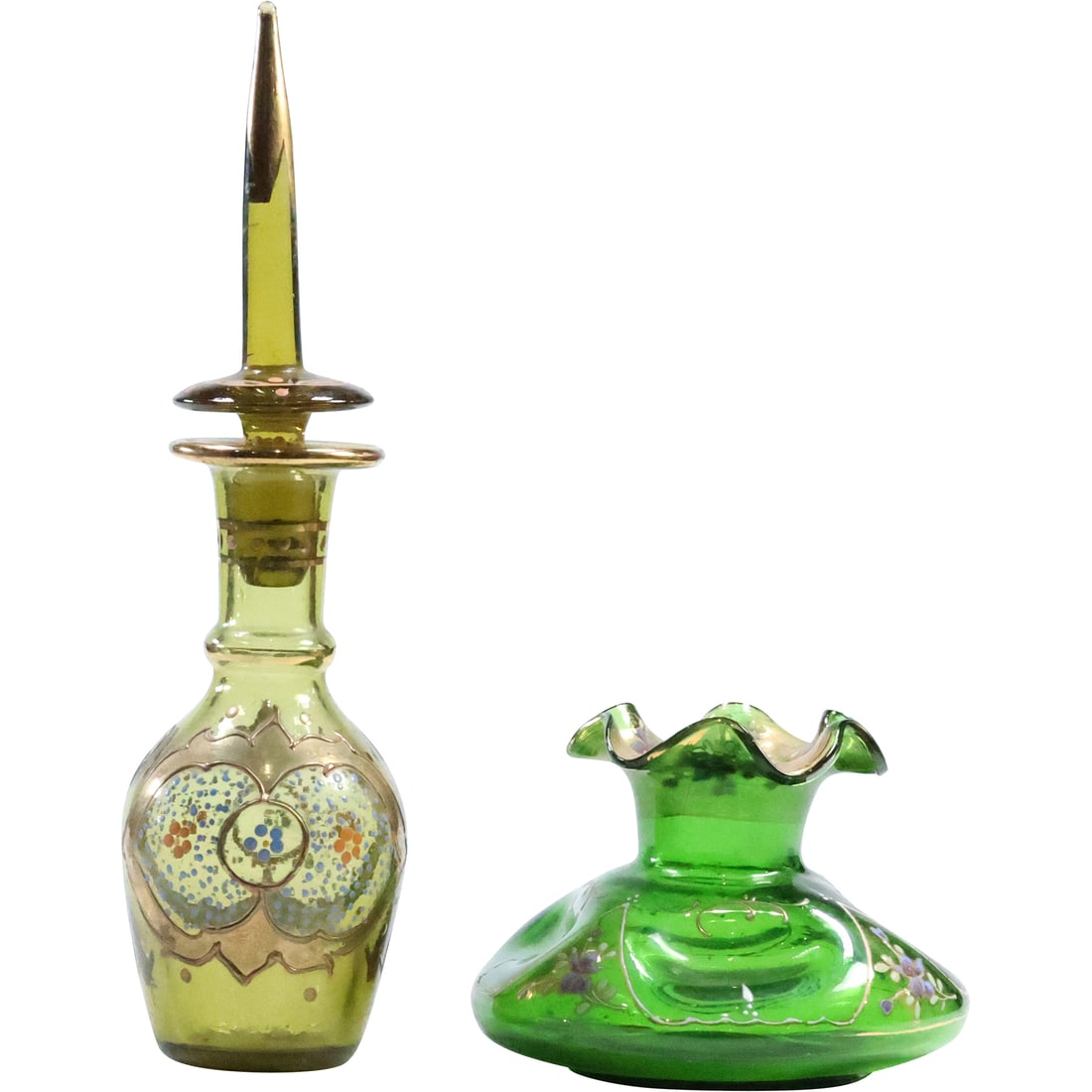 2 Bohemian Amber Glass Bottle with Enameling and Green Vase With Enamelings (1 of 20)