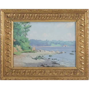 Daniel Garber, 1880-1958, Oil on Board Painting, New England Shore Scene Landscape: Daniel Garber, 1880-1958, Oil on Board Painting, New England Shore Scene Landscape. size: 11.25 x 15.25, 16.5 x 20.5 outside frame. ASKart: Daniel Garber (1880 - 1958) was active/lived in Pennsylvania