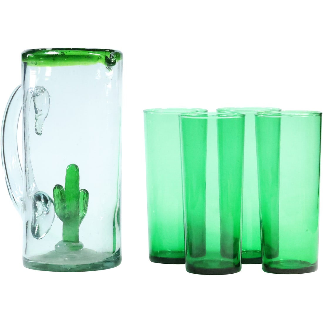 Southwestern Green and Clear Crystal Glass Pitcher with 4 Green Drinking Glasses (1 of 20)