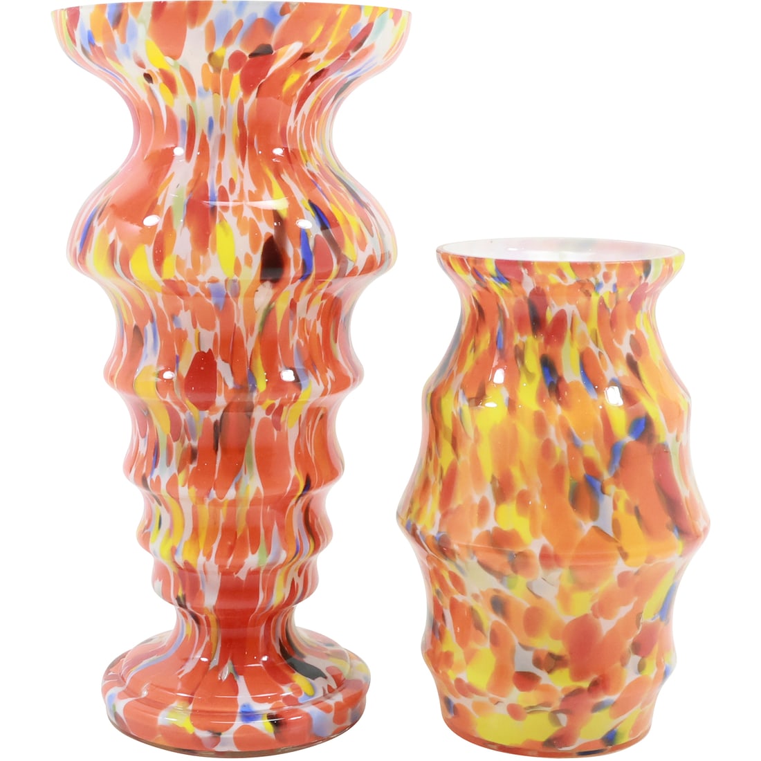[2] Czechoslovakian "End of Day" Orange Art Glass Vases 6 in. and 8.5 inches heights: [2] Czechoslovakian "End of Day" Orange Art Glass Vases 6 in. and 8.5 inches heights. size: 6 in. x 3.75 in. , 8.5 in. x 4.25 in.
