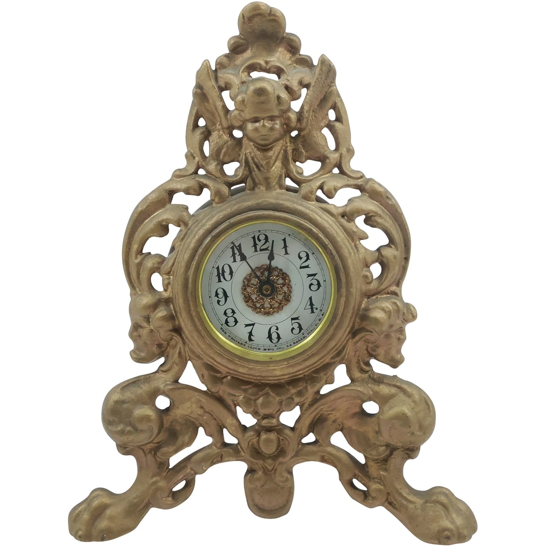 Western Clock Co, Ill. USA Cast Iron Case Mantle Clock with Cherub Face Crest 10.5 in. height (1 of 19)