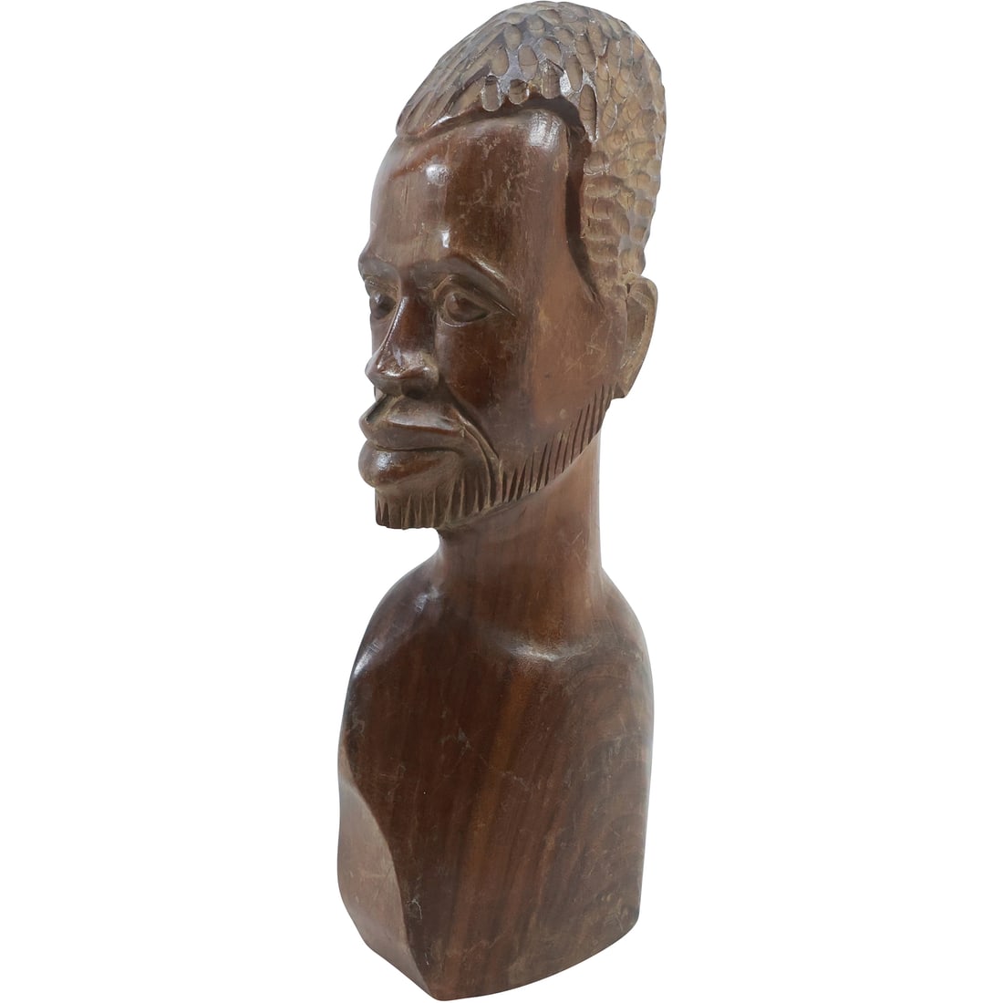Tall Carved Teak Wood Bearded African Man Bust 14 in. Height x 5.5 in. wide (1 of 18)