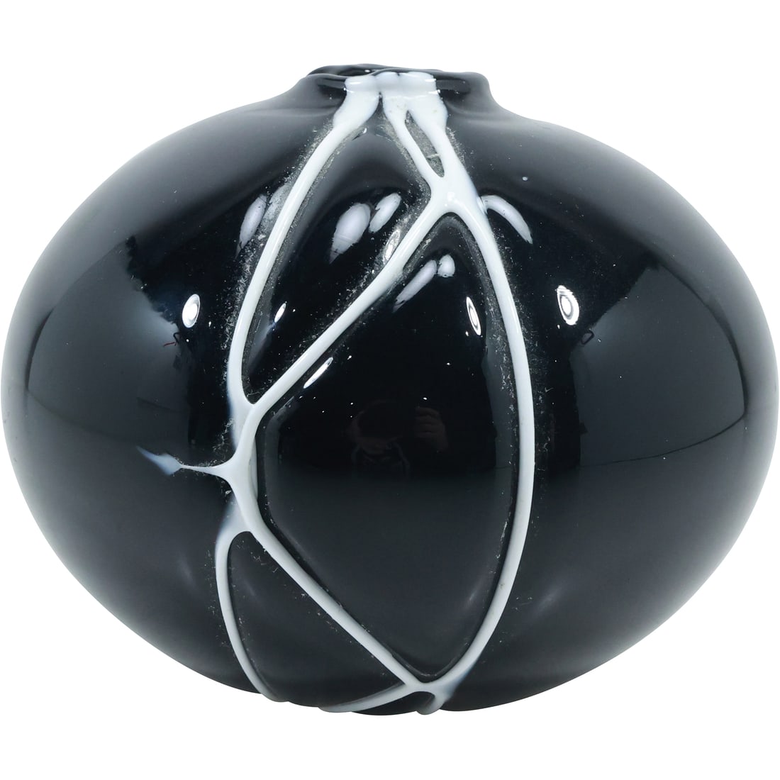 Mid-Century Modern Black Glass Melon Shaped Vase with White Veins 5 in. x 6 in. (1 of 17)