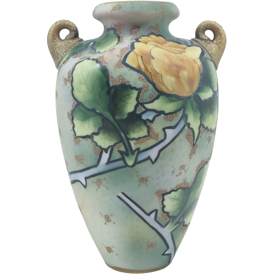 Hand Painted Nippon Arts and Crafts Porcelain Vase with Yellow Flower 8 in. height: Hand Painted Nippon Arts and Crafts Porcelain Vase with Yellow Flower 8 in. height. size: 8 in. x 5.25 in.