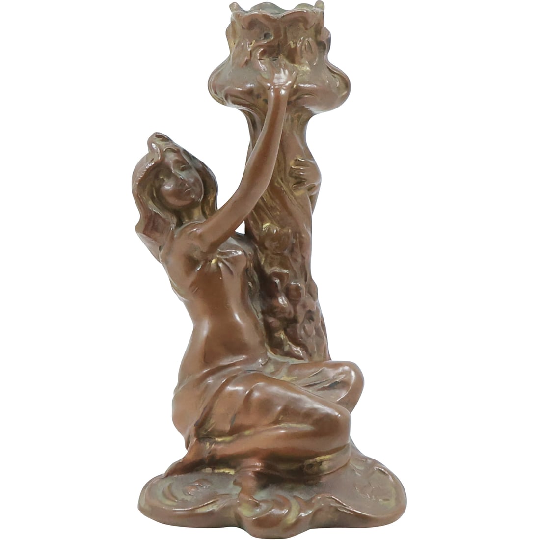 Stylish Spelter Metal Art Nouveau Woman Candlestick in Bronzed Finish Patina 6.25 in. height: Stylish Spelter Metal Art Nouveau Woman Candlestick in Bronzed . Finish Patina 6.25 in. height size: 6.25x3.25