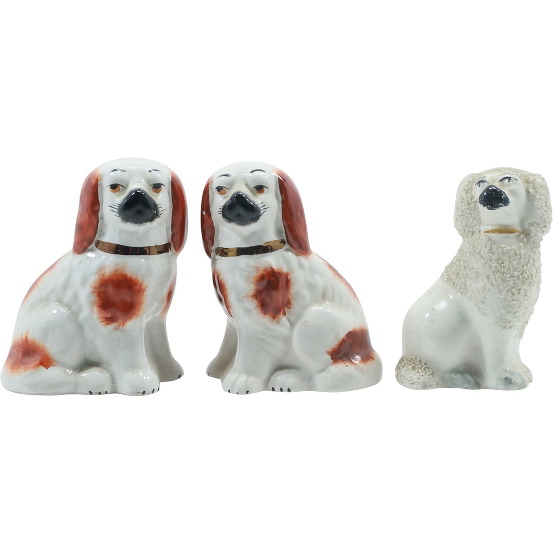 3 English Staffordshire Dog Figure Statues and Right / Left Pair and a Single: 3 English Staffordshire Dog Figure Statues and Right / Left Pair and a Single. size: 4 inches heights