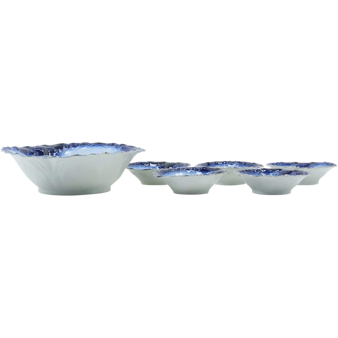 19th C. Germany Porcelain Flow Blue with Floral Bowl and 5 Matching Smaller Bowls (1 of 19)