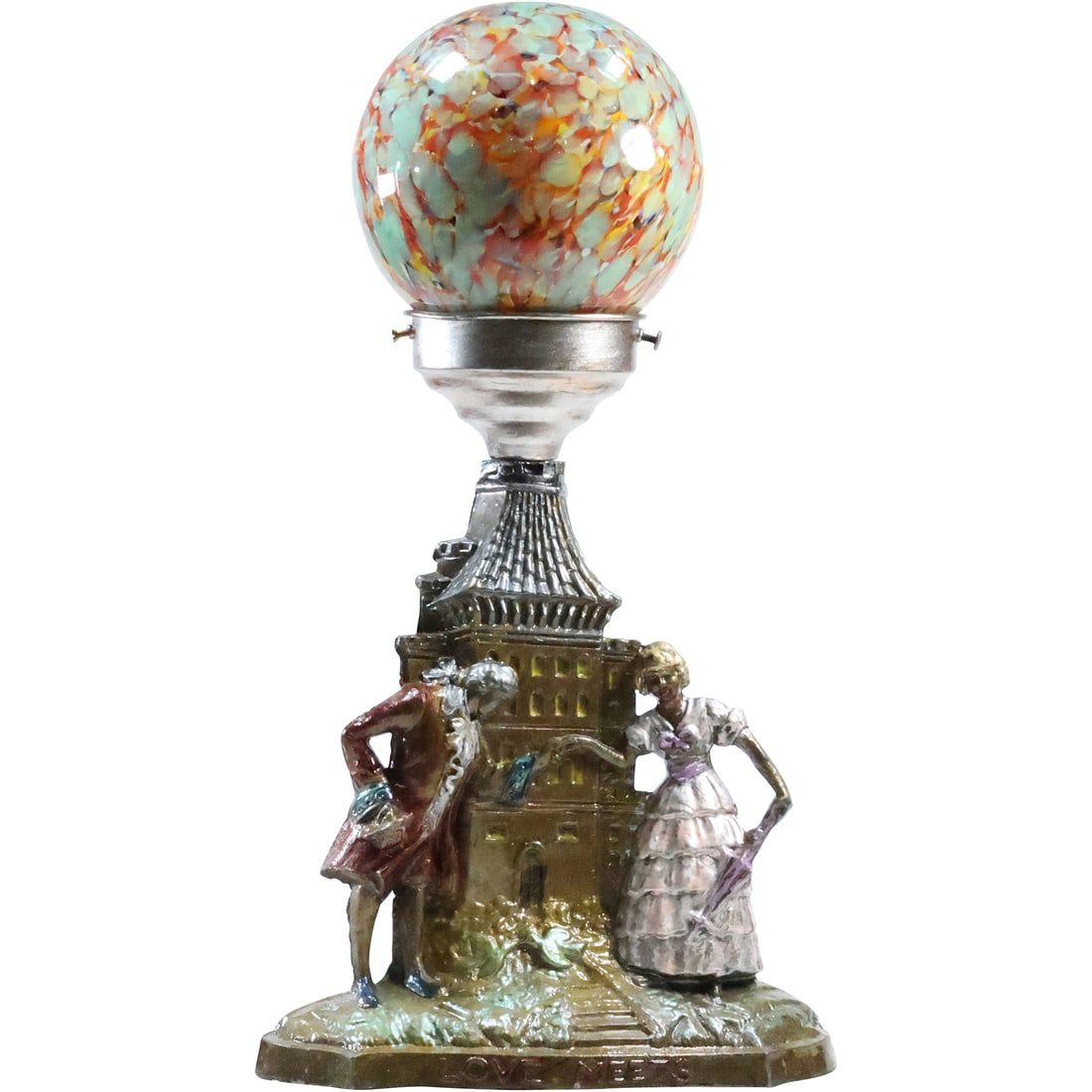 Circa 1920s Cast Metal Figural Lamp "Love Meets" with End of Day Glass Ball Shade 16 in. height (1 of 20)