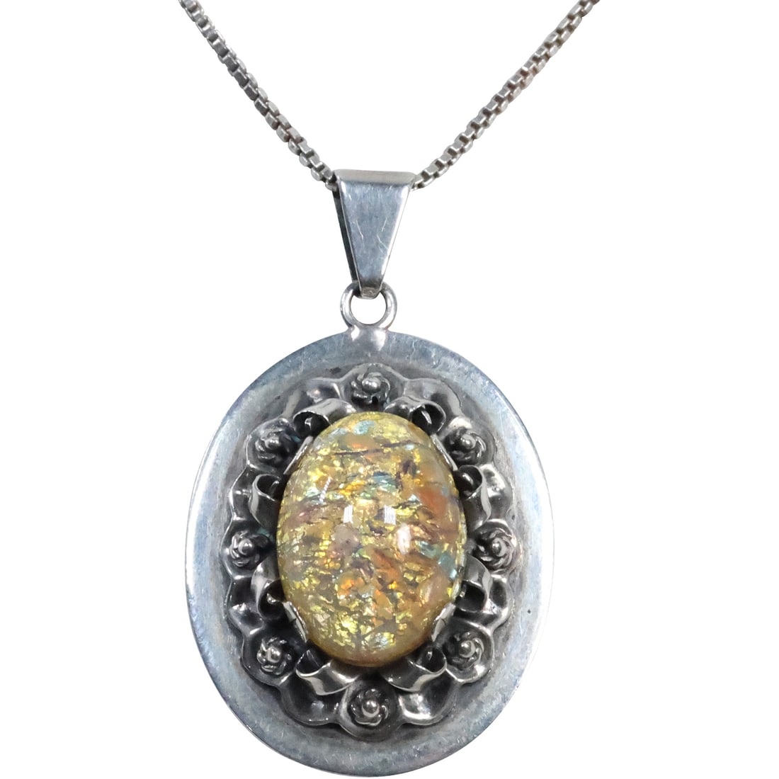 AM Mexico DF .925 Sterling Silver and Opal Pendant Necklace on .925 Box Chain 20 inch (1 of 20)