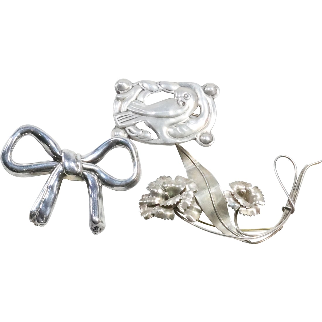 3 Assorted Large Sterling Silver Pins: Bow Pin, Two Flowers, Dove Pin, 41.5 grams total weight (1 of 20)