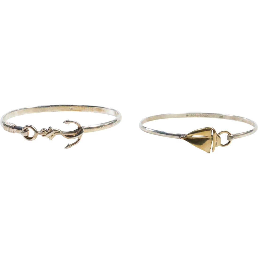 .925 Sterling Silver Anchor Bangle Bracelet; .925 Sterling Sail Boat Bangle Bracelet: .925 Sterling Silver Anchor Bangle Bracelet 2 1/2 in. x 2 1/4 in.; .925 Sterling Sail Boat Bangle Bracelet, Hogan & Bolas, 2 1/2 in. x 2 1/4 in. ; weighs 20 grams total weight