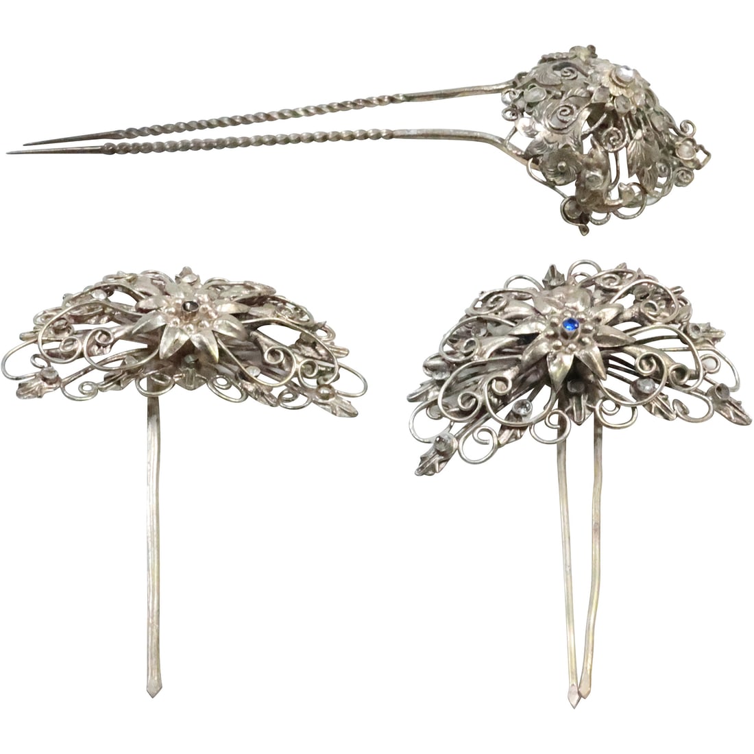 3 Assorted Vintage Victorian Hair Pins: Silver Plate with Clear Stones / Blue Stone (1 of 20)